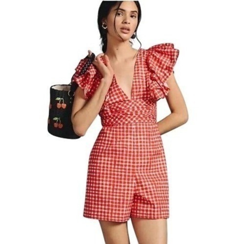 Anthropologie Hutch | V-Neck Cotton Red Gingham Ruffle-Sleeve Romper |‎ Size 8